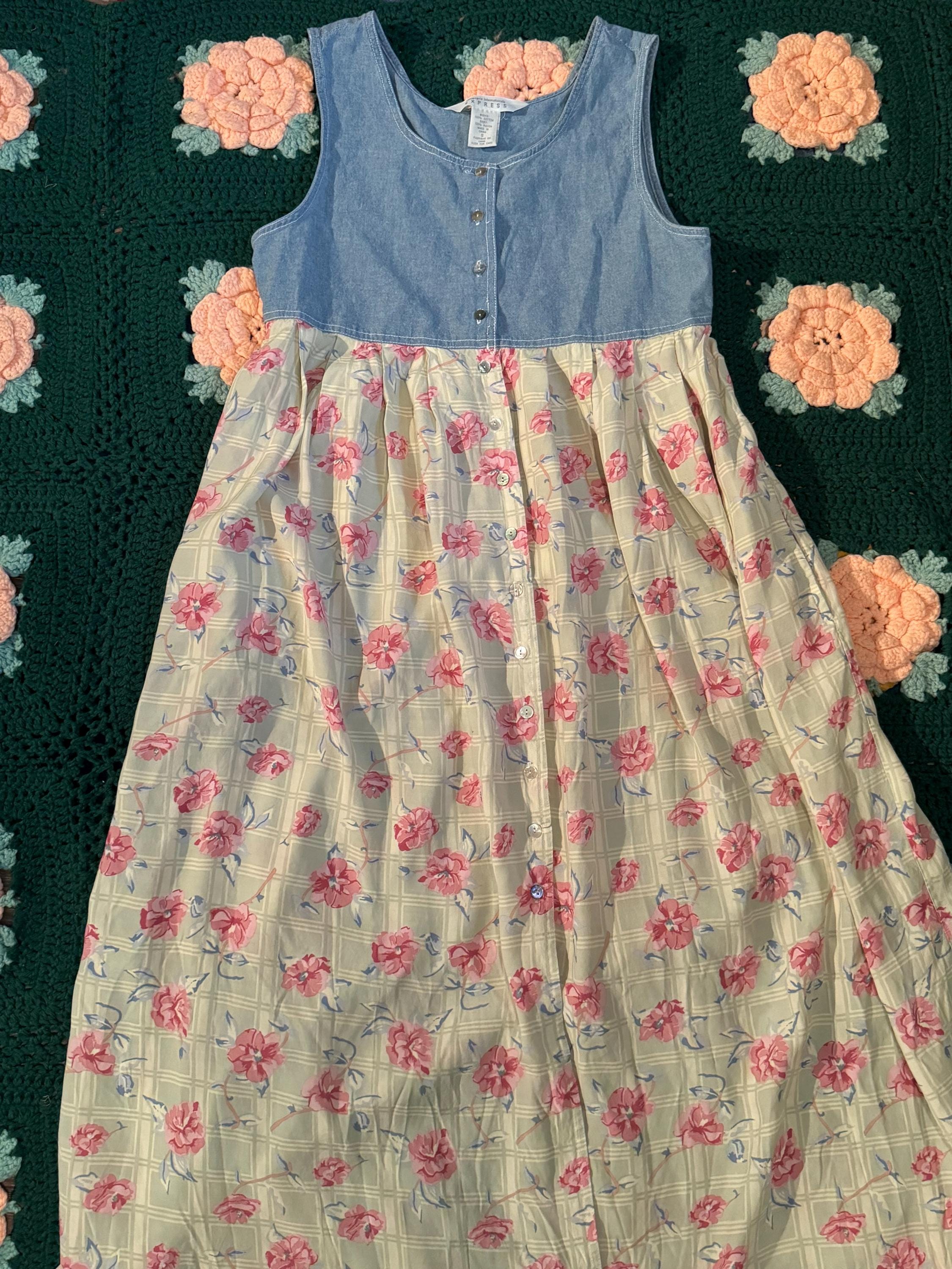 Vintage Y2k 90s Cottagecore Floral Denim Express Jean Button Up Dress Size Small