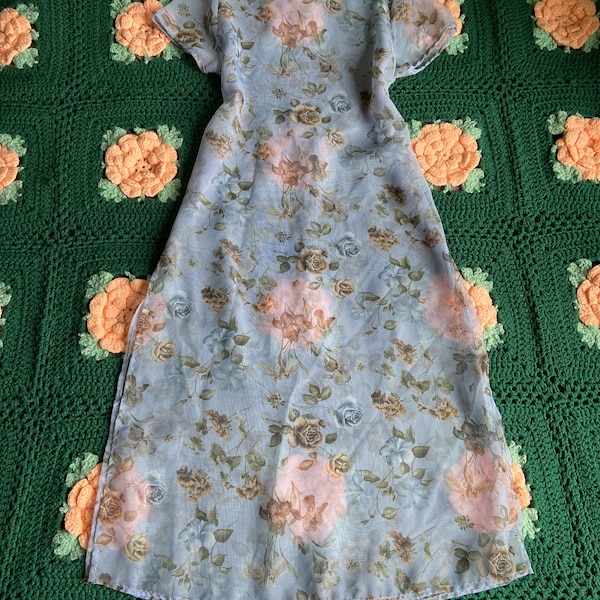 vintage 90s sheer floral blue coquette tie waist dress size 16