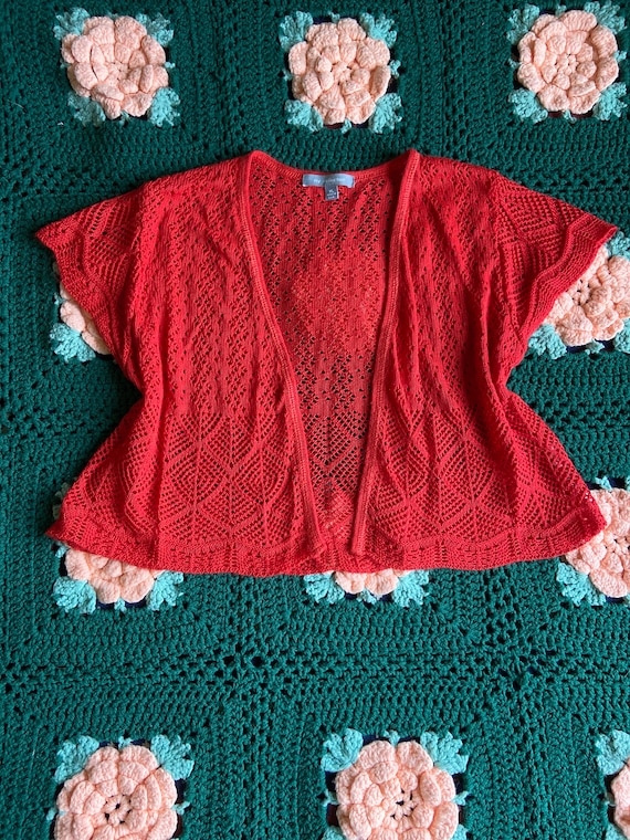 Vintage Y2K red crochet cropped summer cardigan si