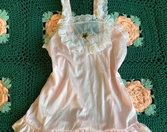 1970s vintage pink coquette embroidered lace babydoll top size medium