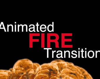 May include: Animated FIRE Transition text in white and red against a black background. The word FIRE is in red. The bottom of the image shows a blurred, textured, orange and brown animated fire effect.