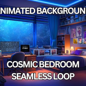Peut inclure: Un fond d'écran animé bleu et violet d'une chambre à coucher avec une grande fenêtre montrant un ciel nocturne étoilé. La chambre a un lit, un bureau avec un ordinateur, une bibliothèque et une table de chevet avec une lampe. Le texte "COSMIC BEDROOM SEAMLESS LOOP" est affiché en bas de l'image.