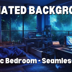Peut inclure: Image d'arrière-plan animé d'une chambre cosmique. La pièce est éclairée en bleu, avec une grande fenêtre donnant sur une nébuleuse vibrante. Le texte "ANIMATED BACKGROUND" et "Cosmic Bedroom - Seamless Loop" sont affichés.