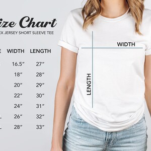May include: Size chart for a unisex jersey short sleeve tee. The chart shows sizes XS through 3XL with corresponding width and length measurements in inches.
