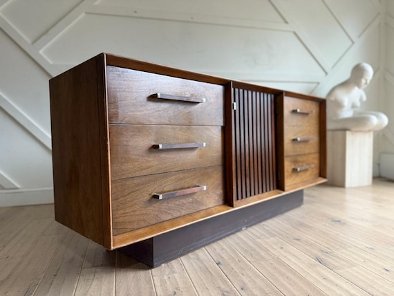 mid century modern lowboy dresser Vintage Drexel Dovetail Drawers Seattle based online and retail vintage mid century Vintage Mid-Century Walnut 9-Drawer Lowboy