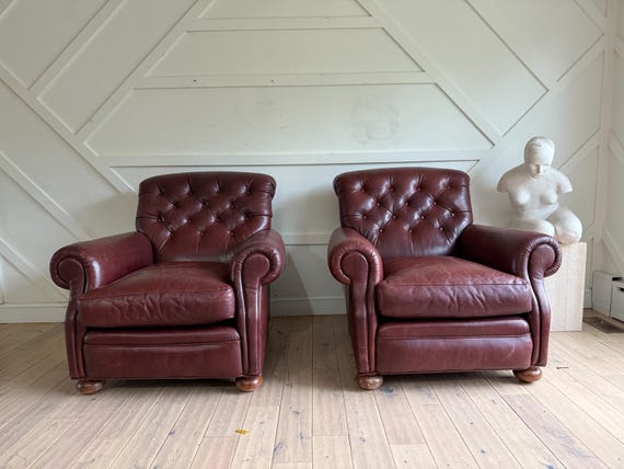 Vintage Brown Leather Chesterfield Club Chairs: Tufted English Armchairs