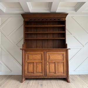 19th Century Country English Pine Welsh Cupboard, Antique Pine hutch  carved Frieze,