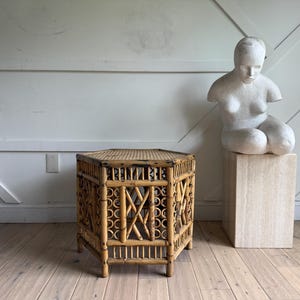 Mid Century Modern Vintage Brighton Rattan Side Table – 1970s Boho Pavilion End Table, Bamboo Accent Table