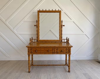 English Style Bamboo & Bird’s Eye Maple Vanity Desk | Vintage Dressing Table | Entryway Console | Hollywood Regency