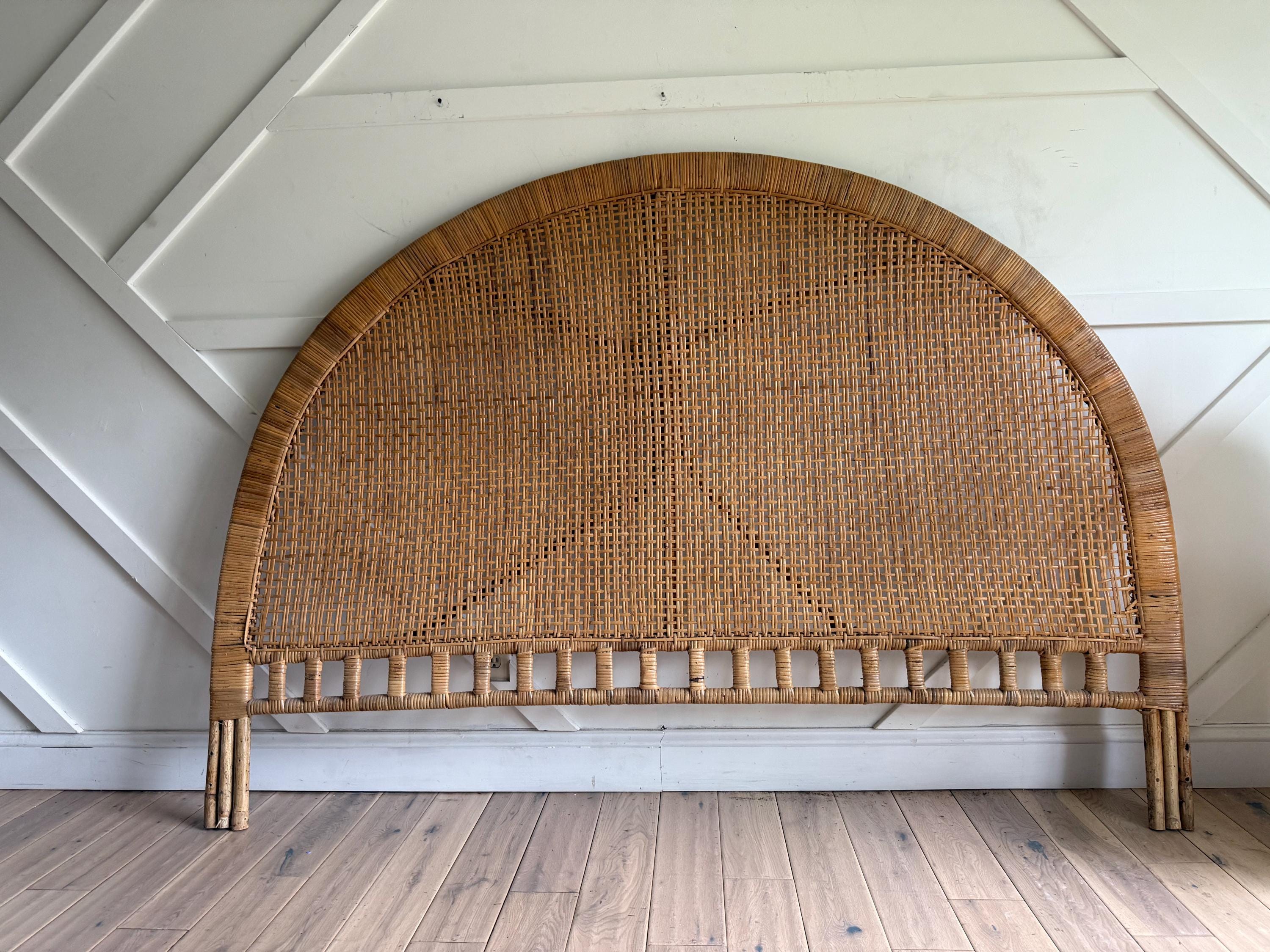 Midcentury Bamboo King Headboard – Handcrafted Reed & Willow Woven Frame, Boho Coastal Vintage Decor