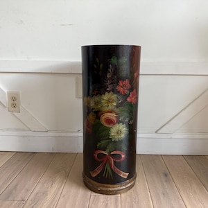 French Hand-Painted Wastebasket – Vintage 1950s Wood Trash Bin, Desk Paper Can
