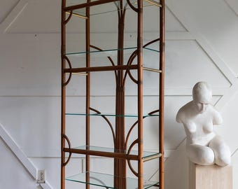 Vintage Rattan Arched Étagère | 1970s Boho Glass Shelf Bookcase