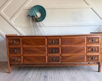 Refinished Mid Century Modern Walnut Dresser: Rway Sculptural 9-Drawer Credenza