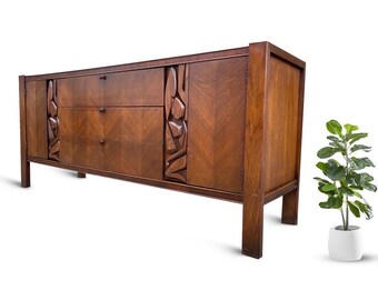 United Furniture Mid Century Brutalist Walnut 9 Drawer Lowboy Dresser