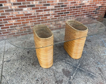 Vintage Rattan bamboo Dining Table With Glass Top