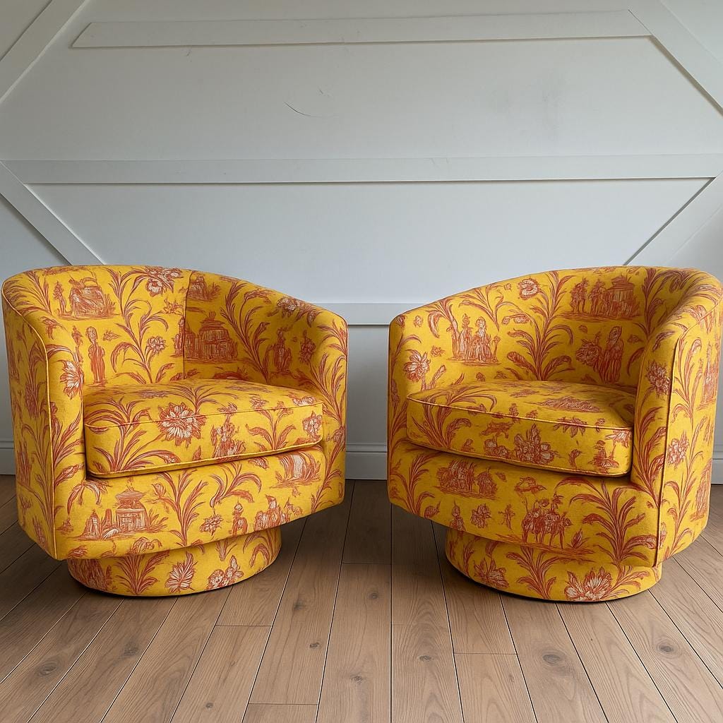 Custom Upholstery Included-Mid-Century Modern Selig Barrel Back Swivel Club Chairs, Selig Style, Mid Century custom living room chairs, milo