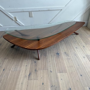 Mid Century Modern Walnut Kidney Coffee Table with Glass Top Organic Sculptural MCM Table