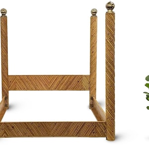 May include: A four-poster bed frame made of woven bamboo with brass finials. The frame has a chevron pattern and is in a natural wood tone.