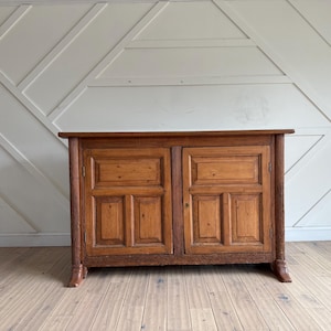 19th Century Country English Welsh pine Cupboard, Antique Pine hutch  carved Frieze,