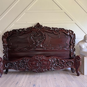 Customizable Vintage Carved Mahogany Queen Bed – Asian Floral Rococo Style, Restored Solid Wood Frame, Baroque Detail