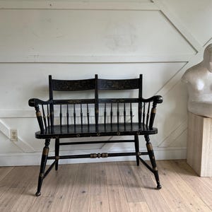 Vintage L. Hitchcock Hall Bench: 1970s Black & Gold Stenciled
