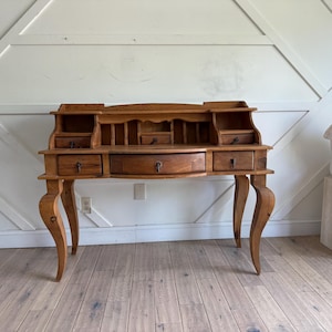 French Country Pine Desk – 6 Drawer Carved Writing Table with Shelves