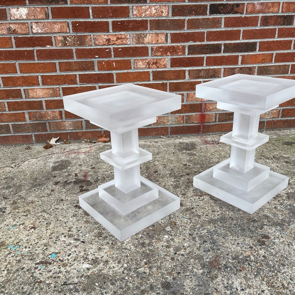 Vintage pair of Lucite Art Deco Side Tables,Vintage Clear Acrylic Accent Table | Modern Stacked side Table | Bedroom Furniture End Table