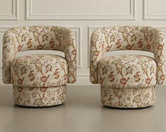 Reupholstered Swivel Barrel Chair Floral Fabric Accent Chair Vintage Style Modern Classic Seating