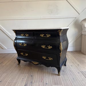 Louis XV Style Marble Top Black Lacquer Bombay Dresser with Brass Mounts - 4 Drawer Antique Chest