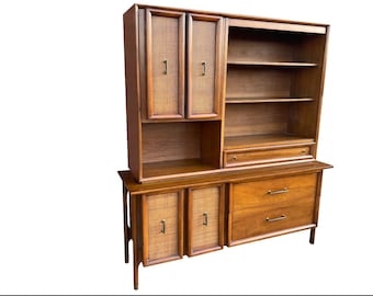 Mid Century Cane Door Credenza with Hutch