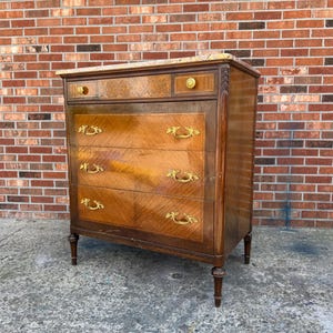 Louis XVI Marquetry High Chest – Antique Style Dresser w/ Marble Top & Brass Hardware, Satin wood dresser Free east coast ship