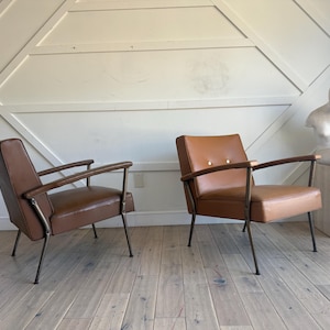 Vintage MCM Atomic Retro Vinyl & Metal Lounge Arm, Paul McCobb style arm chairs
