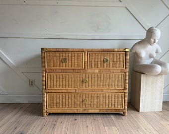 Vintage Wicker Chest of Drawers with Brass Handles, 1960s