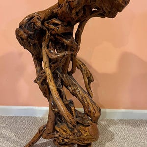 May include: A unique, handcrafted wooden table with a natural, rustic finish. The table top is made from a single piece of wood, and the legs are made from twisted branches. The table is perfect for adding a touch of nature to any room.
