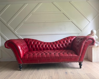 Vintage English Oxblood Leather Chesterfield Sofa – Tufted Georgian Style Couch, Rolled Arms, Mahogany Legs,