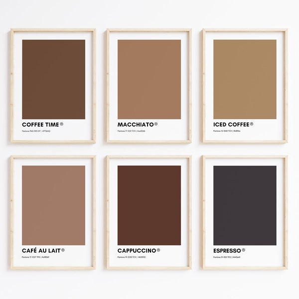 Ensemble imprimable d'art mural Pantone COFFEE Collection | Ensemble de 6 tirages Café | Couleurs Pantone | Décoration d'intérieur | Ensemble d'impression Pantone | Art du café