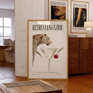Póster imprimible de REVISTA RETRO, póster estético, póster de revista, arte de pared retro de moda, impresión de póster de moda, cóctel Martini de leopardo