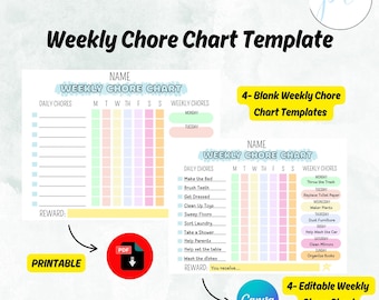 Chore Chart for Kids, Chore Chart Printable, Editable Chart,  Weekly Responsibility Chart, Kids Chore List, Kids Daily Routine Checklist