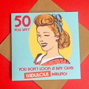 Geburtstagskarte 50 Jahre | Personalisierte Karte | 50er Geburtstagskarte | Retro Frau 50.Karte | Sie können das Alter ändern, einen Namen hinzufügen