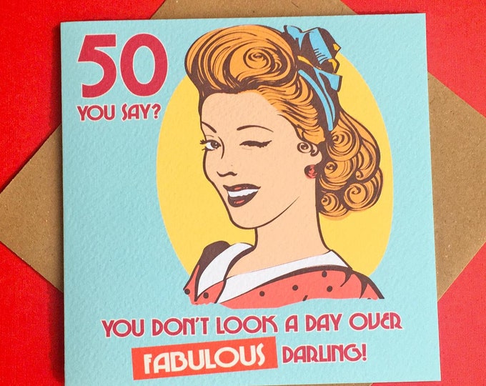 50th birthday card | Personalised card | fiftieth birthday card | retro woman 50th card | You can change the age, add a name