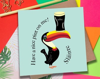 Carte Guinness | carte toucan | carte d'anniversaire | pinte de guinness | pintes | oblique