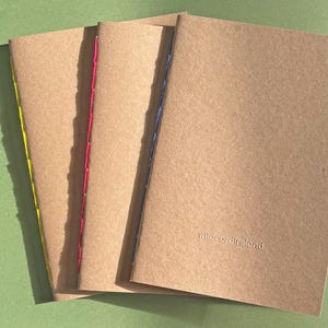 Cuaderno A5/A6 hecho a mano con apertura plana: papel reciclado, páginas en blanco/rayadas/punteadas, texto personalizado.