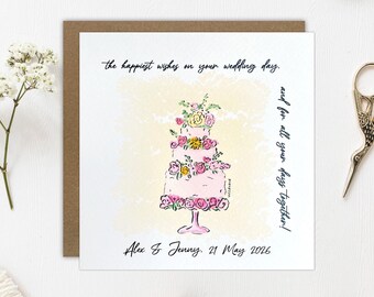 May include: A square wedding greeting card featuring a hand-drawn illustration of a three-tiered pink cake decorated with colourful flowers on a stand. The text reads: the happiest wishes on your wedding day, and for all your days together! Alex & Jenny. 21 May 2026.
