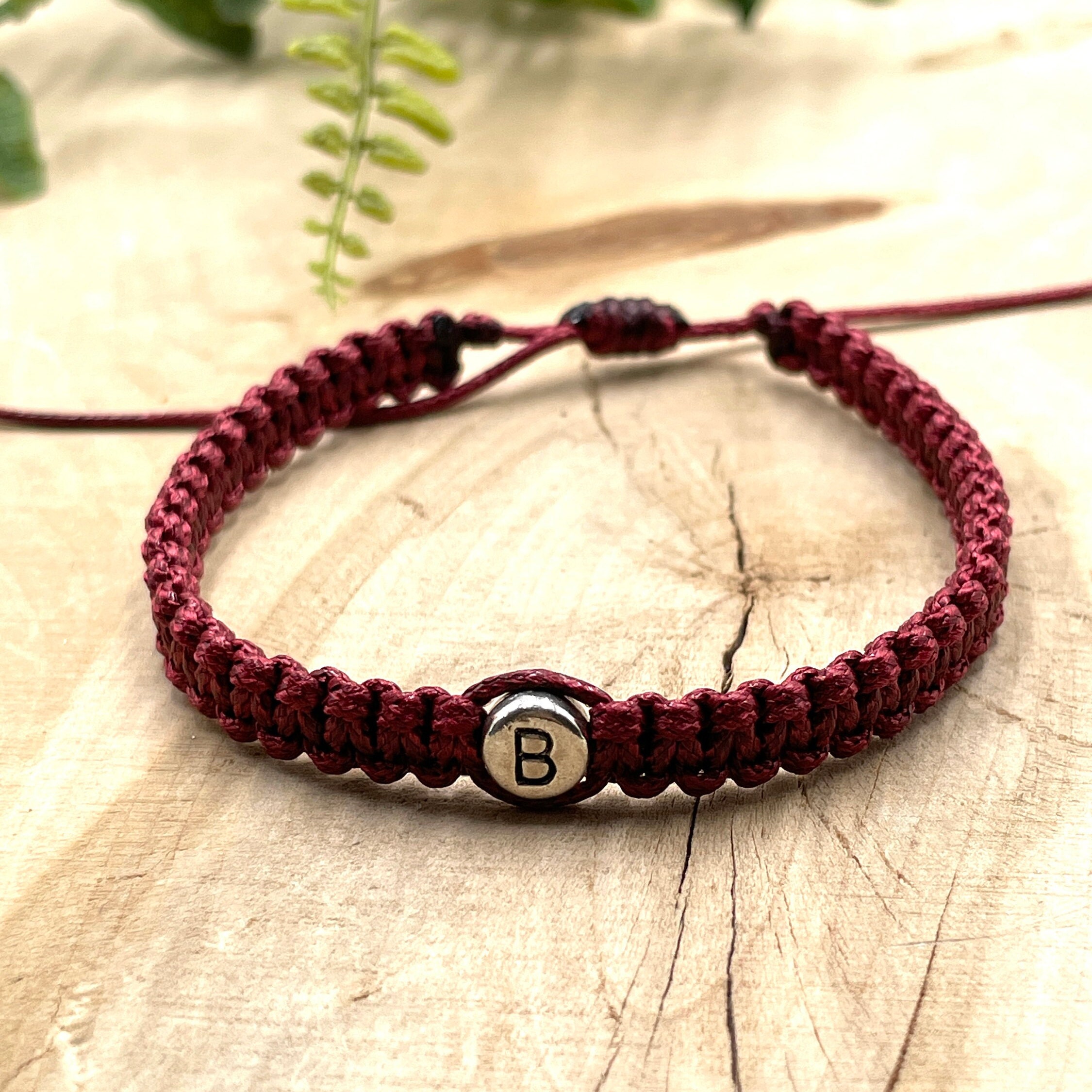 Maroon Macrame Initial Bracelet: Custom Letter, Silver Bead - Etsy