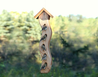 May include: A wooden bird feeder with a curved design and five feeding stations. The feeder is hanging from a tree branch and has several birds perched on it.