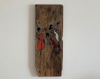 Handmade Distressed Wood Painting,Reclaimed Wood Wall Art,Wall Hanging,Home Decor,Hotel Wall Decor,Housewarming Gift, Girls Playing Cello