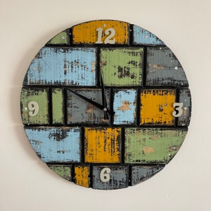 Retro Vintage Large Wood Wall Clock, Unique Rustic Wooden Home Clock, Silent Design Clock Art, Farmhouse Livingroom Eclectic Wall Clock