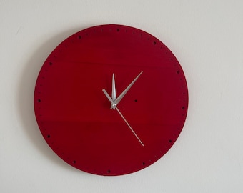Minimalist Red Wooden Wall Clock, Unique Rustic Wooden Home Clock, Silent Design Clock Art, Farmhouse Livingroom Eclectic Sustainable Clock