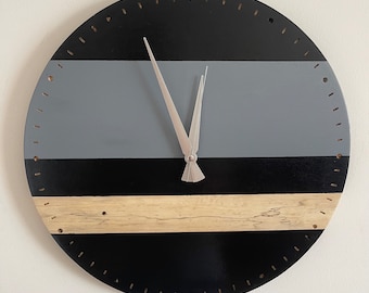 15" Wooden Natural Modern Wall Clock--Large Wall Clock-Silent Wall Clock-Sport Art Deco Wall Clock-Recycled Wall Clock-Gray-Black Wall Clock