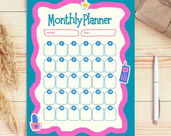 Calendario mensual imprimible / Planificador sin fecha / Organizador minimalista / Descarga digital instantánea